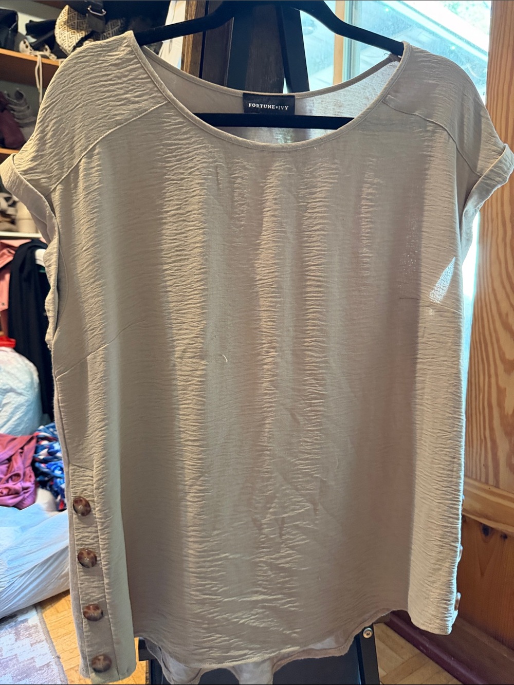 Taupe Button-Side Cap-Sleeve Top